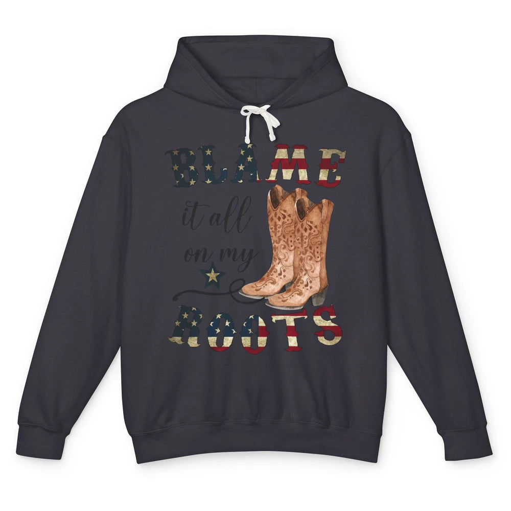 Retro US Flag Cowboy Boots Blame It All On My Roots Western Unisex Lightweight Hoodie