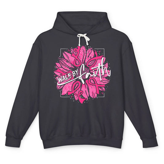 Walk By Faith Breast Cancer Awareness Pink Ribbon Sunflower Unisex Lightweight Hoodie