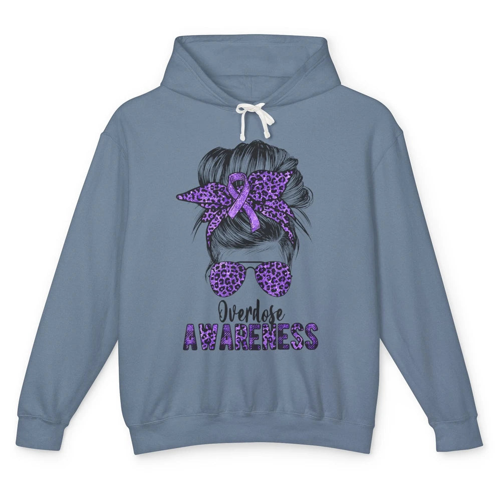 Overdose Awareness Messy Hair Bun Purple Leopard Warrior Unisex Lightweight Hoodie