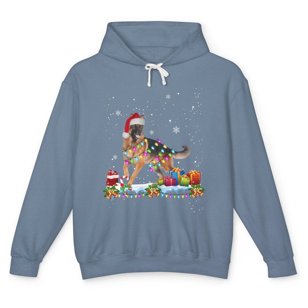 Merry Christmas German Shepherd Dog Santa Hat Xmas Lights Unisex Lightweight Hoodie