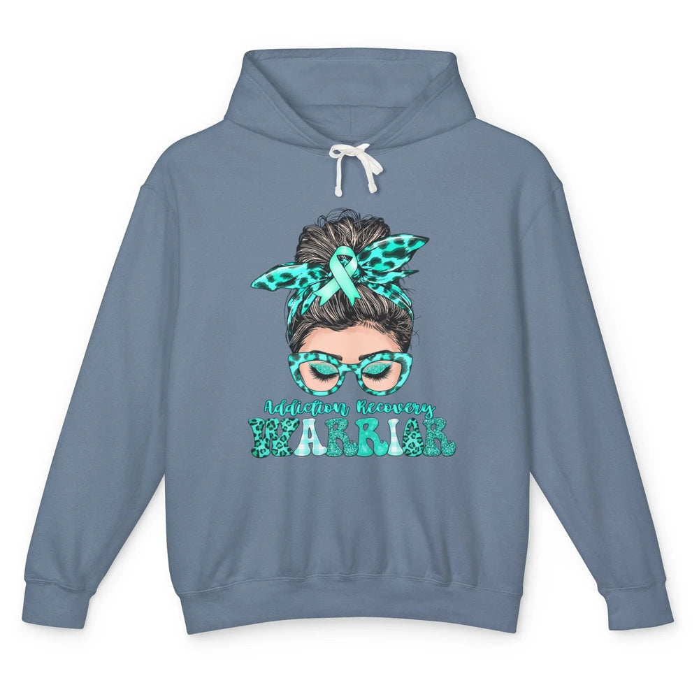 Addiction Recovery Awareness Warrior Leopard Messy Hair Bun Unisex Lightweight Hoodie