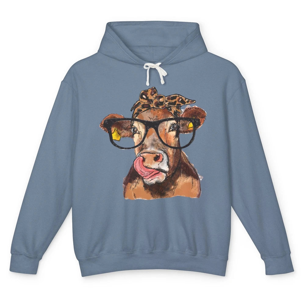 Leopard Bandana Glasses Heifer Lick Funny Cow Cattle Farmers Unisex Lightweight Hoodie