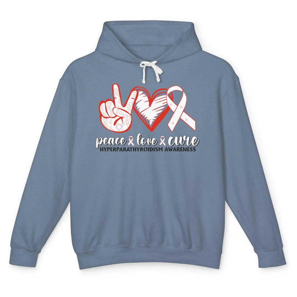 Hyperparathyroidism Awareness Red Ribbon Peace Love Cure Unisex Lightweight Hoodie