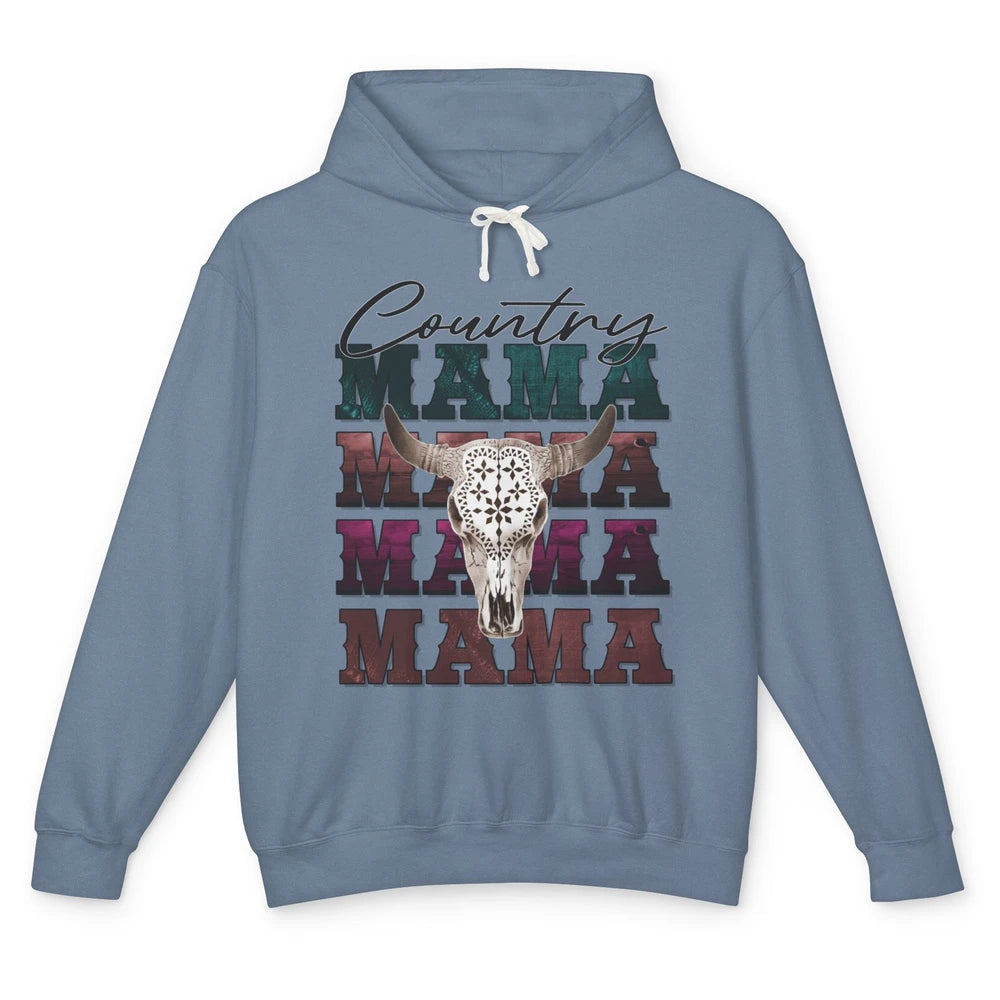 Country Mama Rodeo Bull Skull Western Texas Long Horn Cowboy Unisex Lightweight Hoodie