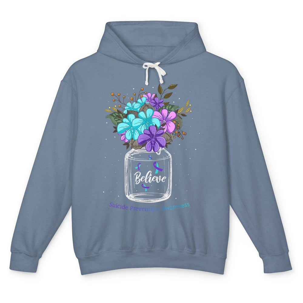 Cute Believe Flower Ribbon Support Suicide Prevention Month Unisex Lightweight Hoodie