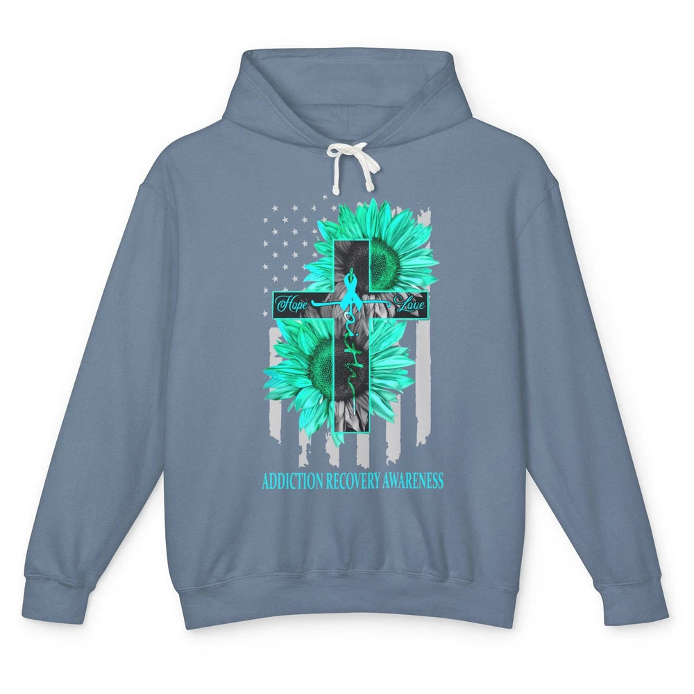 Addiction Recovery Faith Hope Love Teal US Flag Jesus Cross Unisex Lightweight Hoodie