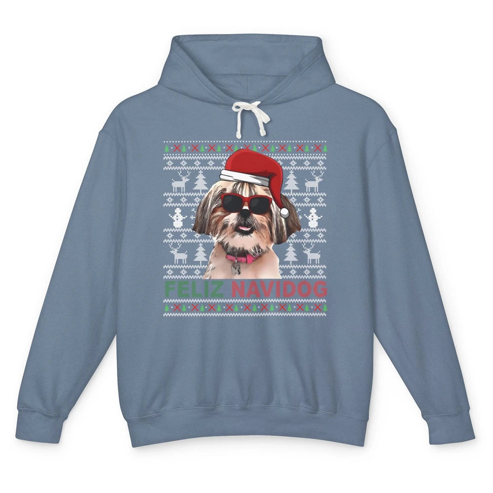 Funny Santa Shih Tzu Dog Feliz Navidog Christmas Tree Ugly Unisex Lightweight Hoodie