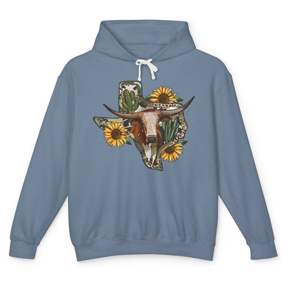 Texas Map Leopard Sunflower Western Texas Cow Longhorn Unisex Lightweight Hoodie