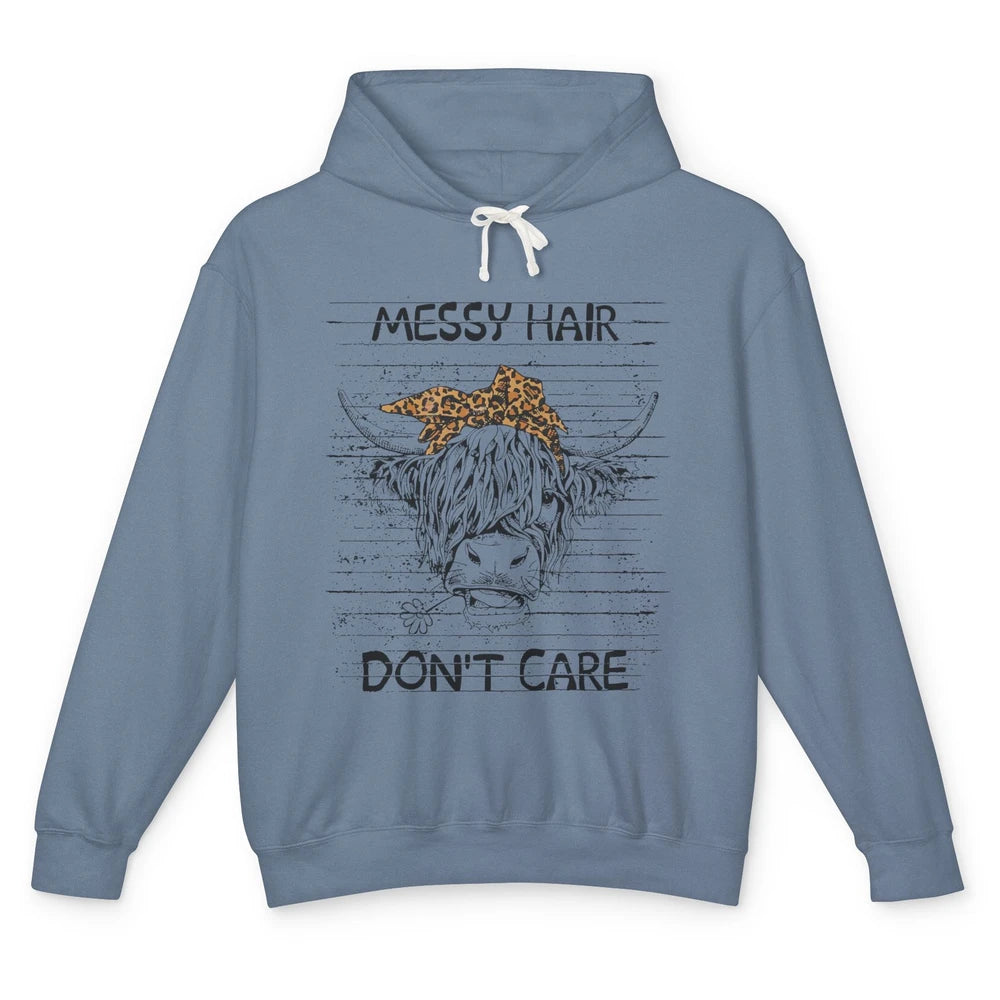 Highland Cow Leopard Bandana Messy Hair Don't Care Western Unisex Lightweight Hoodie