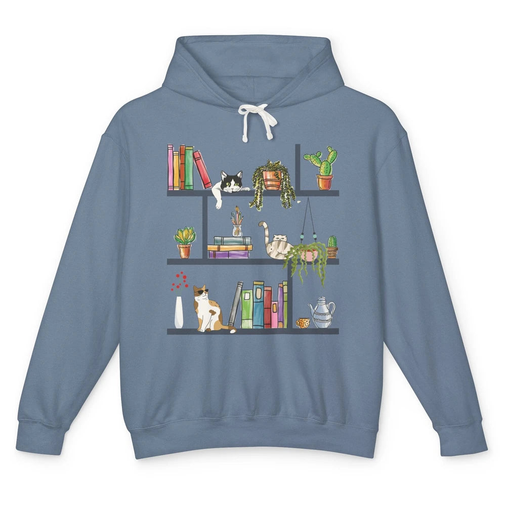 Funny Cats Lying On Floral Bookshelf Book Kitten Minimalist Unisex Lightweight Hoodie