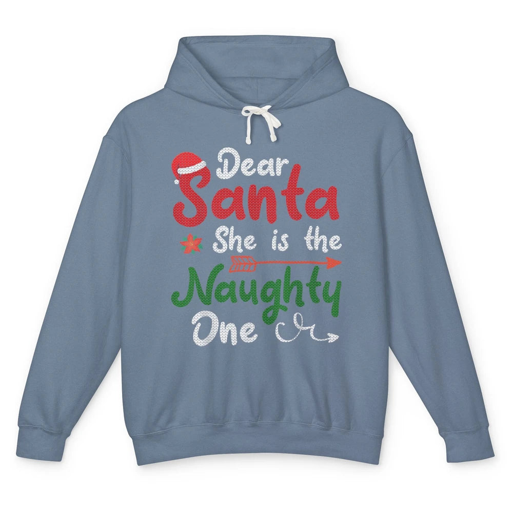 Merry Christmas Dear Santa She Is Naughty One Xmas Hat Vibes Unisex Lightweight Hoodie