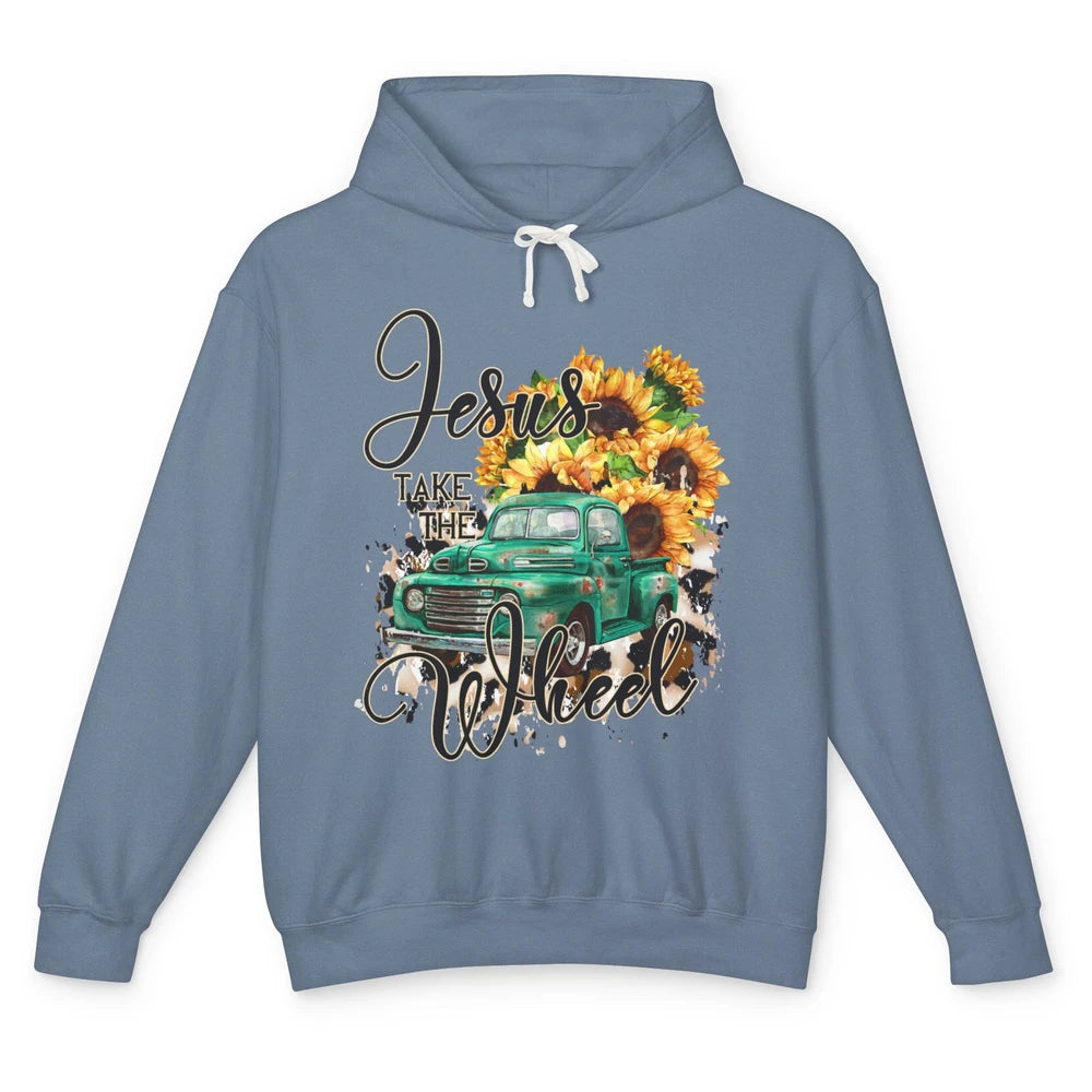 Sunflower Truck Jesus Take The Wheel Christian Gift Leopard Unisex Lightweight Hoodie