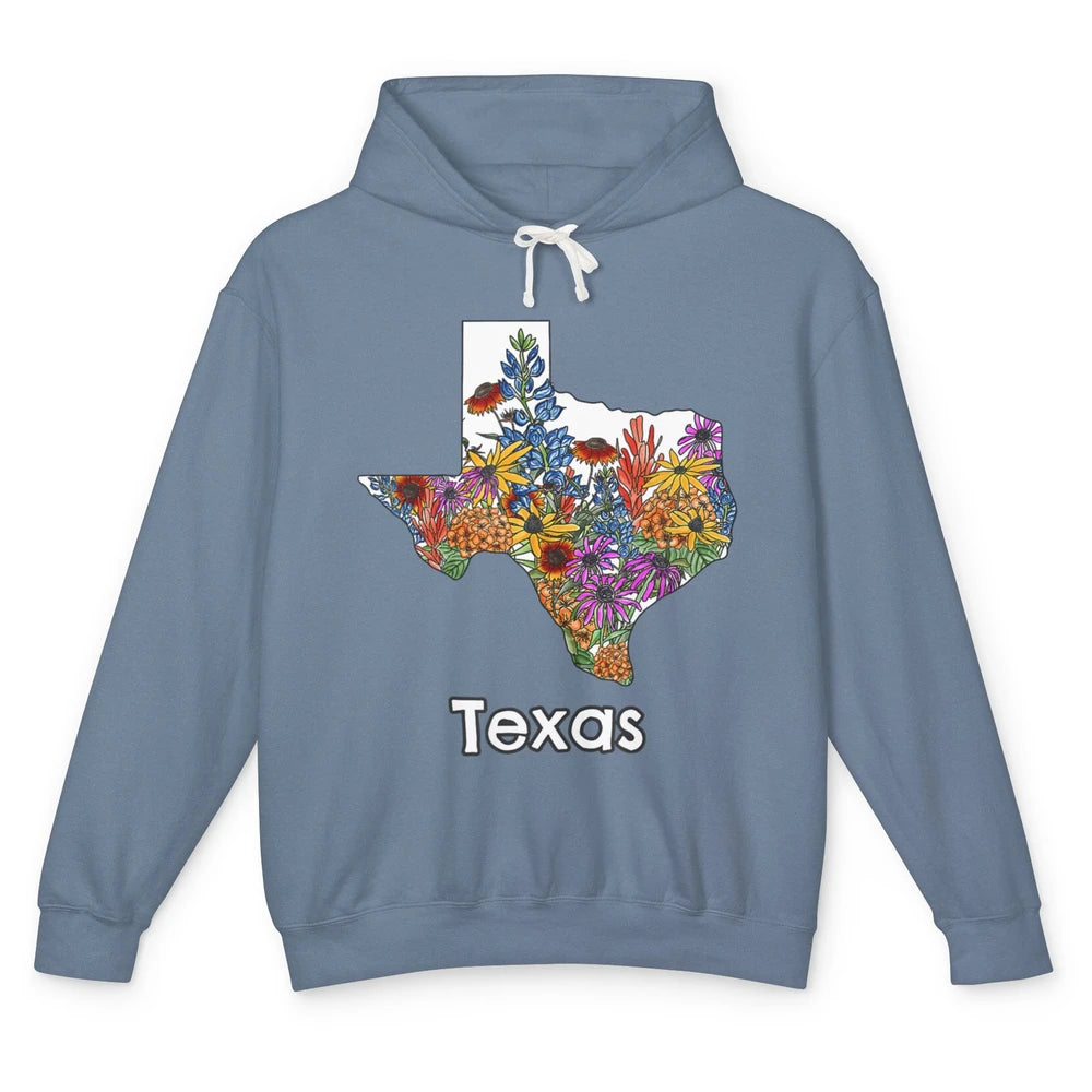 Texas Map Pride Wildflower Western Country Bluebonnet Flower Unisex Lightweight Hoodie