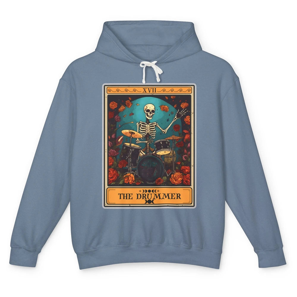 Retro Skeleton The Drummer Tarot Card Halloween Drumming Unisex Lightweight Hoodie