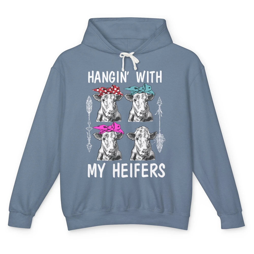 Funny Hanging With Heifer Retro Western Country Highland Cow Unisex Lightweight Hoodie