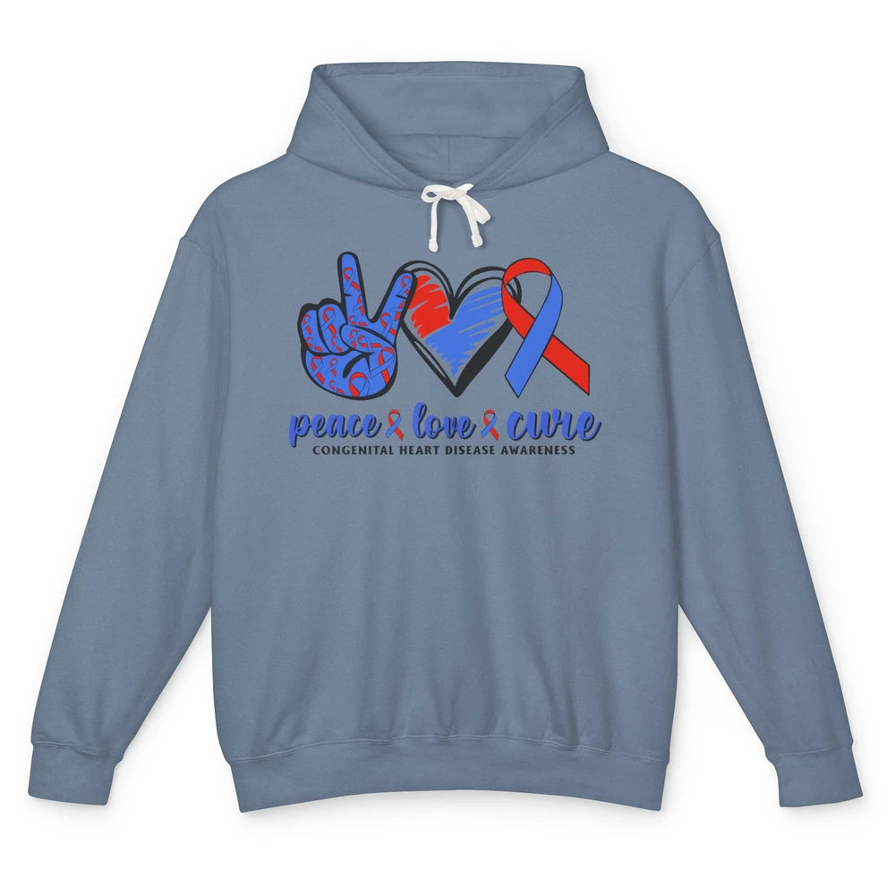 Congenital Heart Disease Blue Red Ribbon Peace Love Cure CHD Unisex Lightweight Hoodie