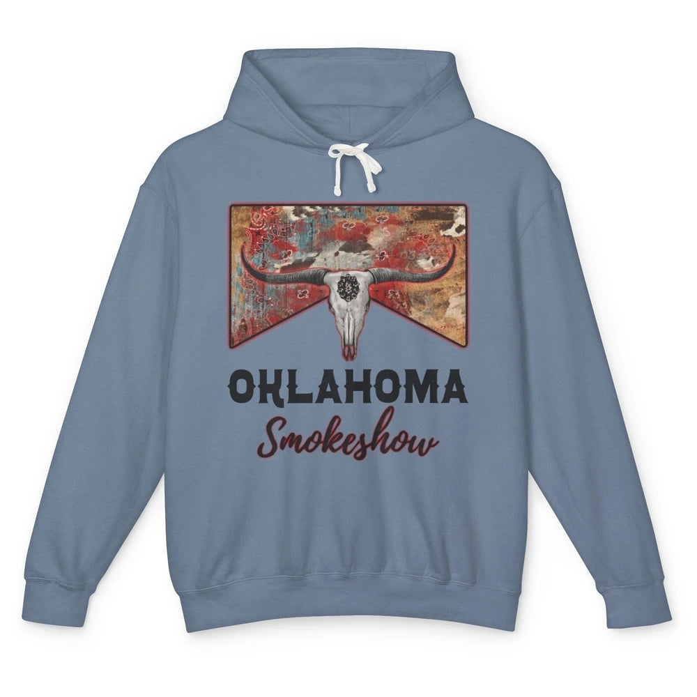 Boho Bull Skull Cow Print Oklahoma Smokeshow Western Country Unisex Lightweight Hoodie