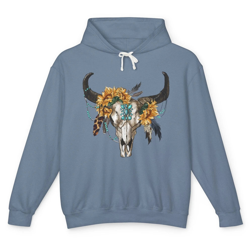 Retro Sunflower Boho Bull Skull Western Country Cowgirl Gift Unisex Lightweight Hoodie