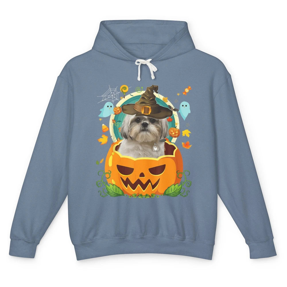 Funny Shih Tzu Dog Witch Hat Pumpkin Halloween Spooky Season Unisex Lightweight Hoodie