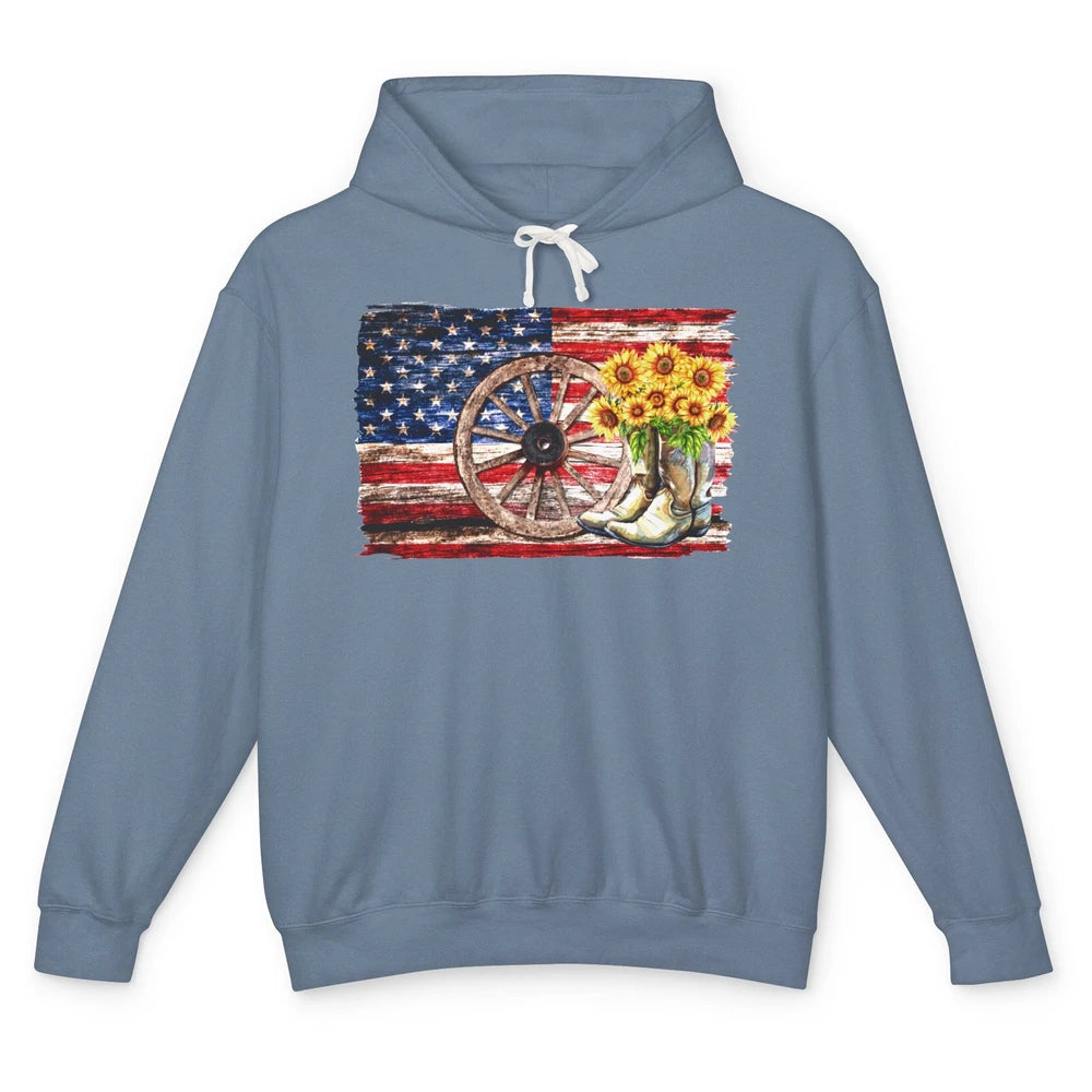 Retro US Flag Sunflower Cowgirl Boots Texas Cowboy Western Unisex Lightweight Hoodie