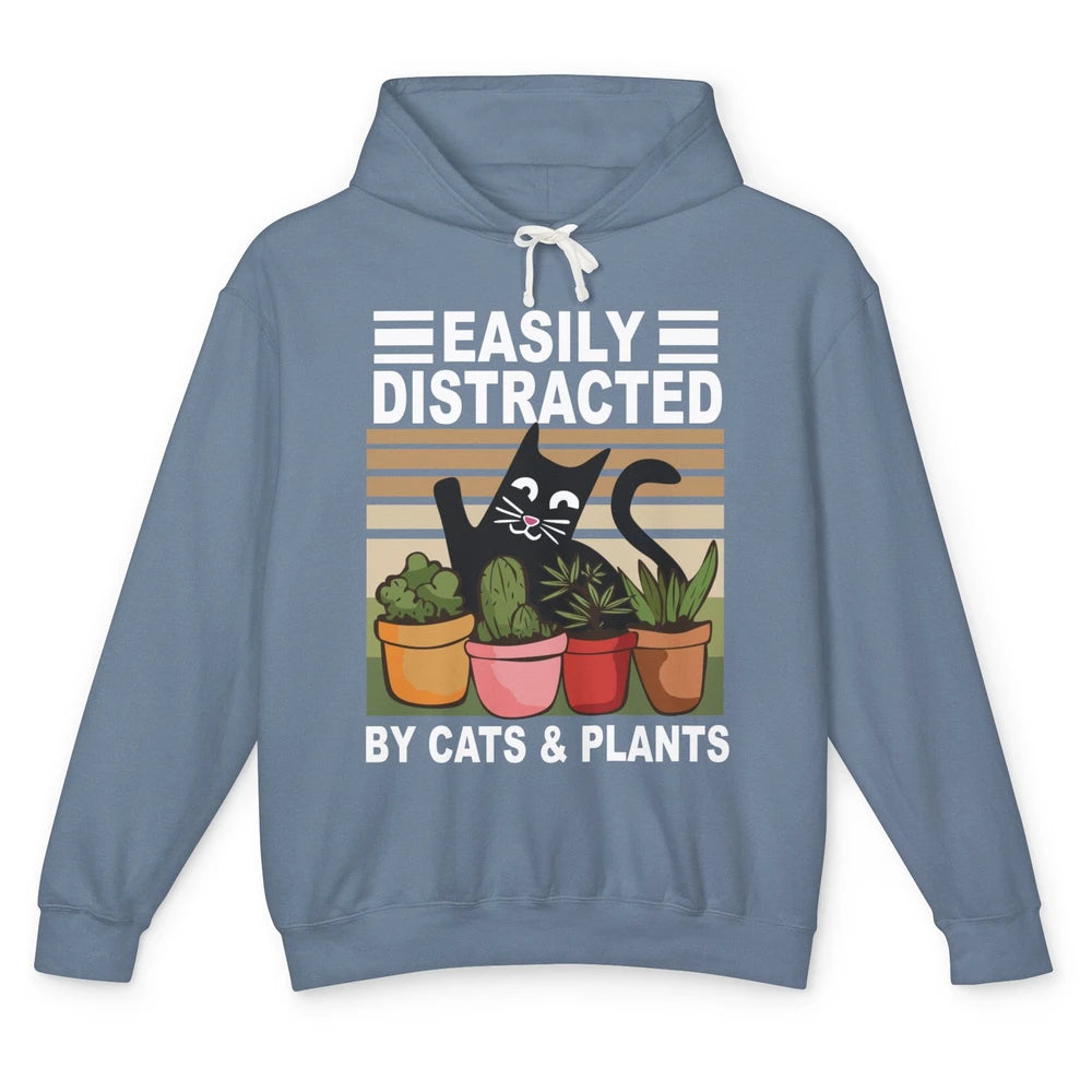 Easily Distracted By Cats And Plants Vintage Gardening Gift Unisex Lightweight Hoodie