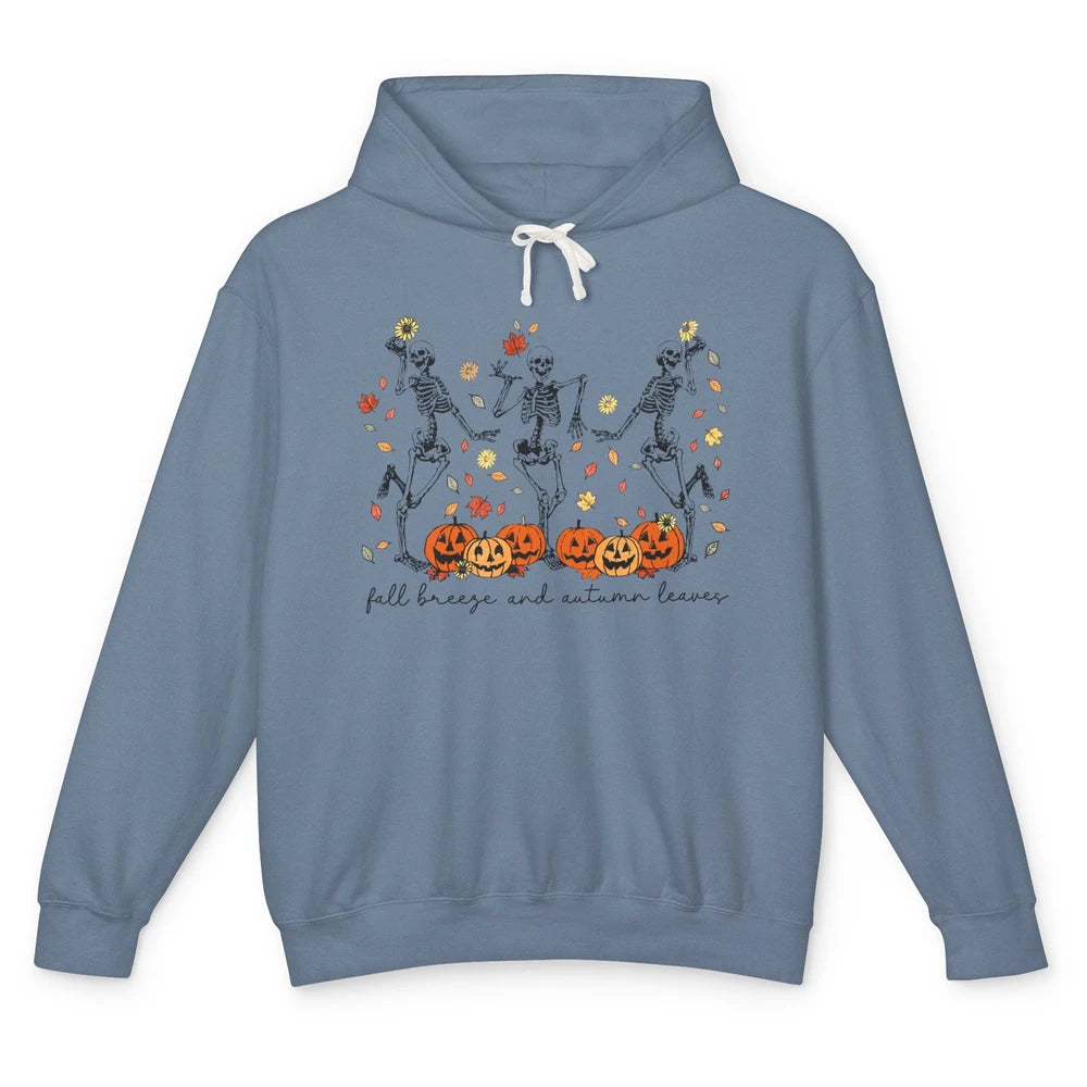 Retro Pumpkin Dancing Skeleton Fall Breeze And Autumn Leaves Unisex Lightweight Hoodie