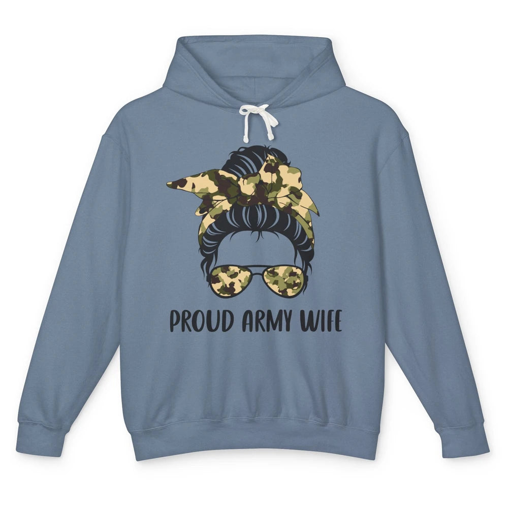 Proud Army Wife Messy Bun Hair Proud Wife Of A US Soldier Unisex Lightweight Hoodie