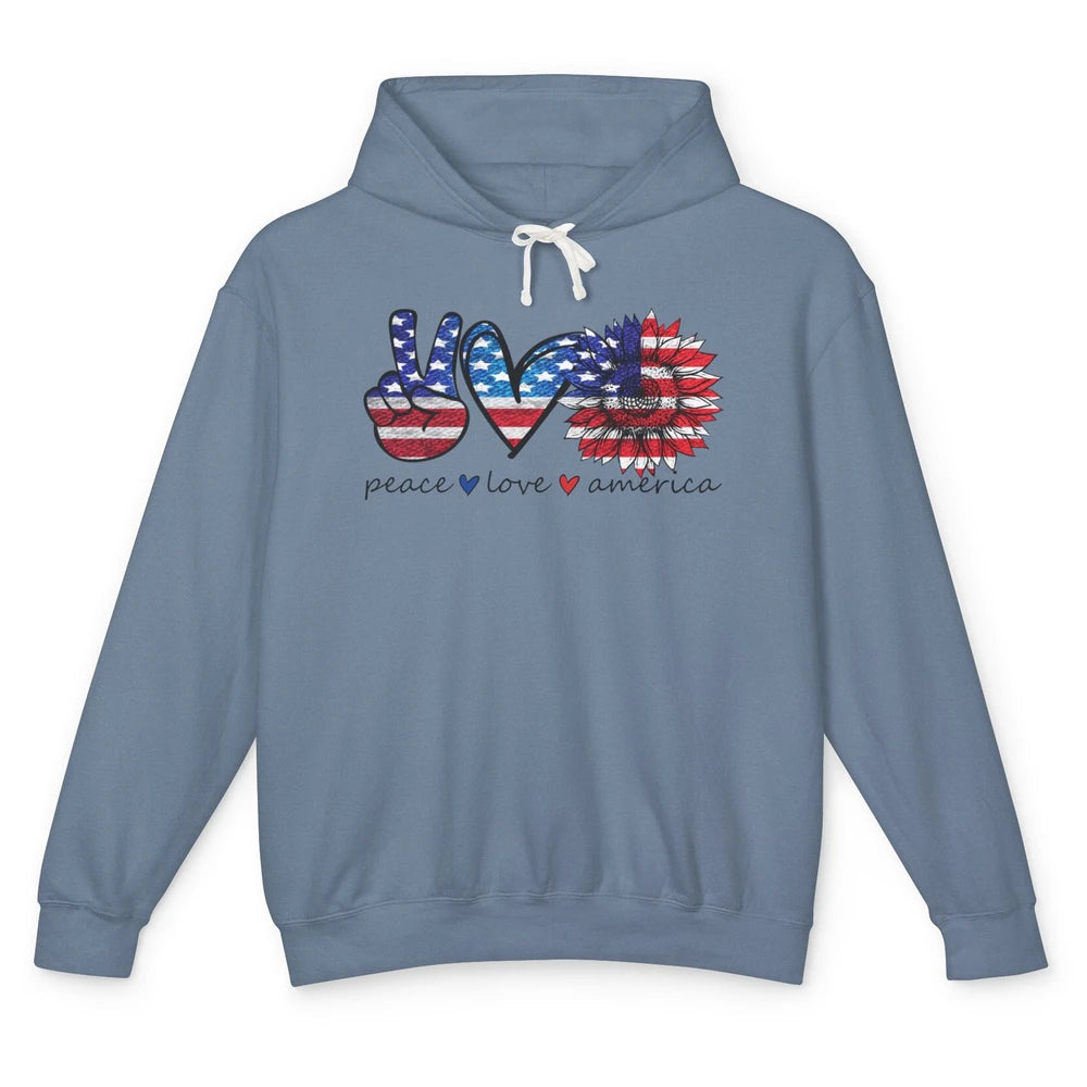 Peace Love America Flag Sunflower 4th of July Memorial Day Unisex Lightweight Hoodie