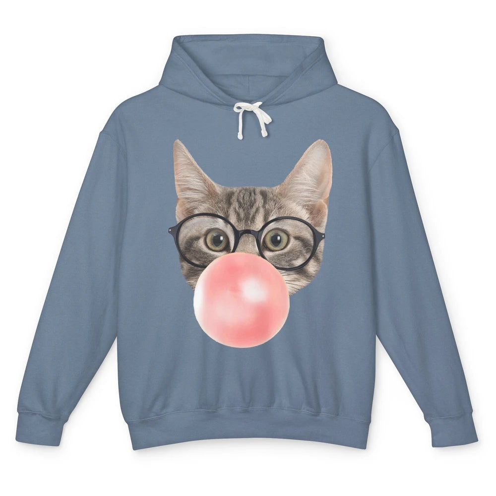 Funny Cat Blow Giant Bubble Gum Pink Glasses Sarcastic Pun Unisex Lightweight Hoodie