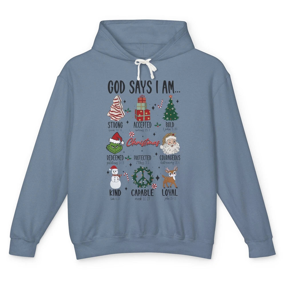 Retro Christmas God Says I Am Bible Verse Religious Boy Girl Unisex Lightweight Hoodie