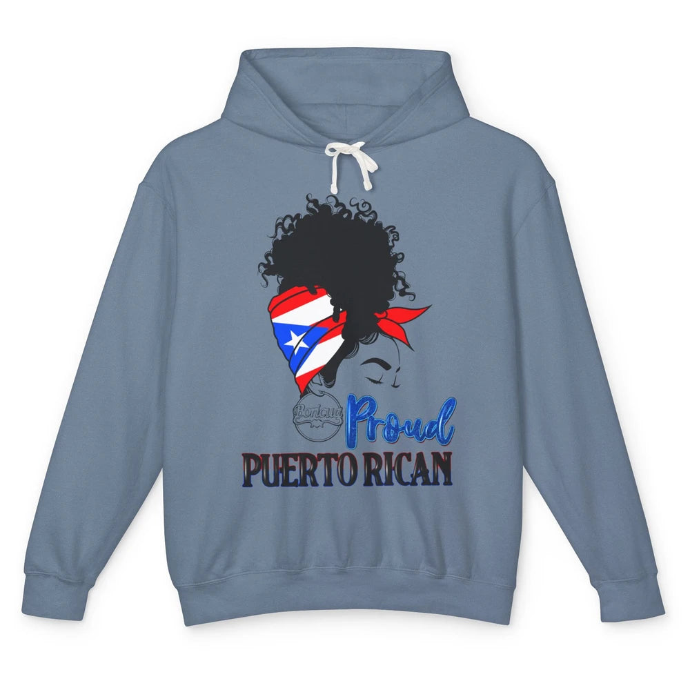 Proud Puerto Rican Afro Messy Bun Women Puerto Rico Flag Unisex Lightweight Hoodie