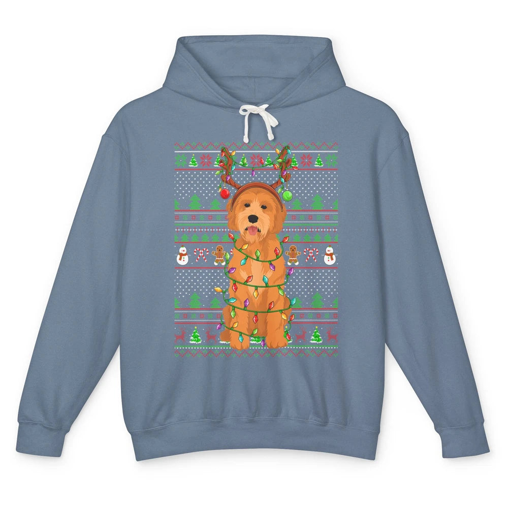 Merry Christmas Golden Doodle Dog Reindeer Xmas Lights Ugly Unisex Lightweight Hoodie