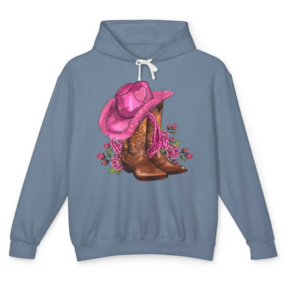 Valentines Day Hat Boots Cowgirl Pink Rose Flowers Retro Unisex Lightweight Hoodie