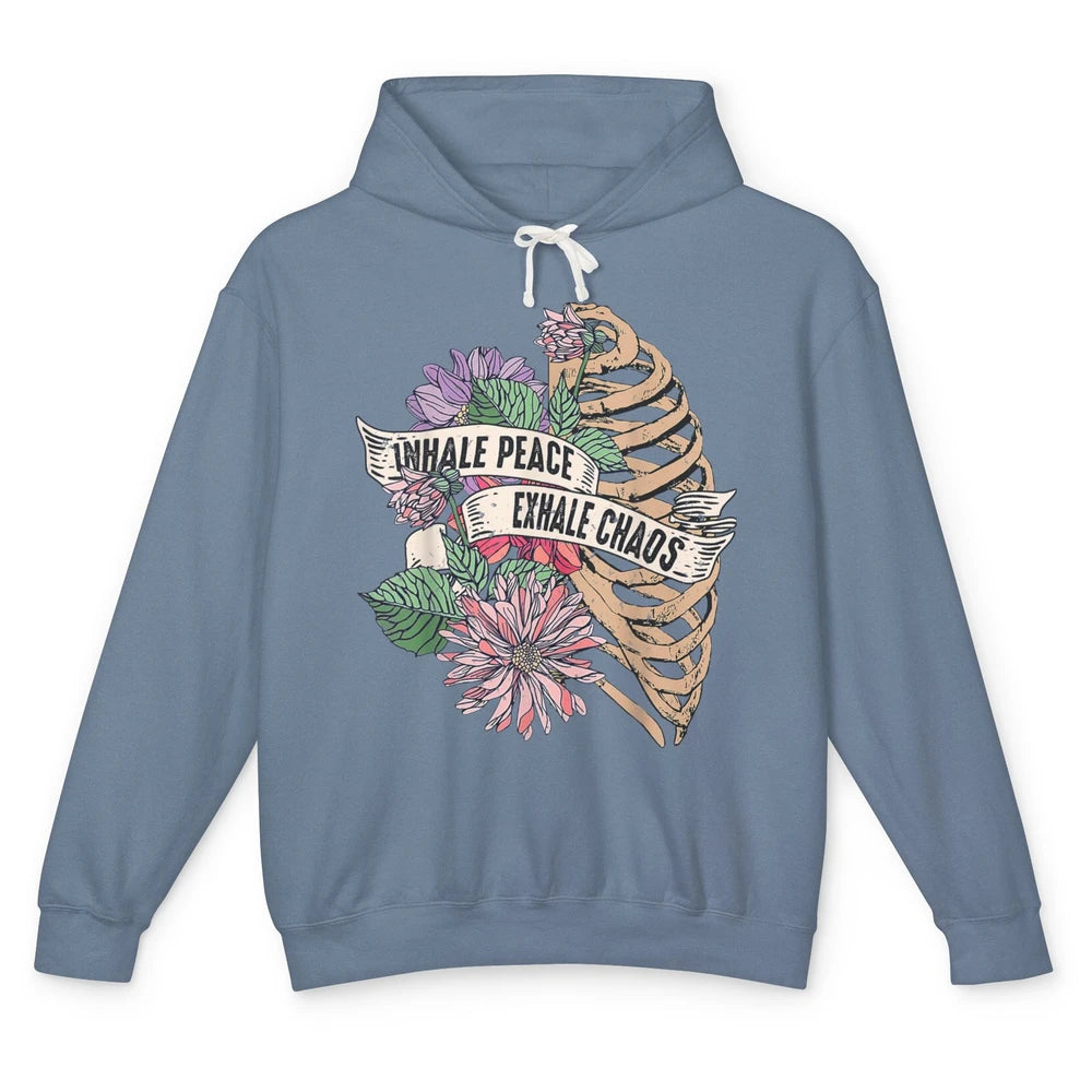 Inhale Peace Exhale Chaos Wildflowers Skeleton Mental Health Unisex Lightweight Hoodie