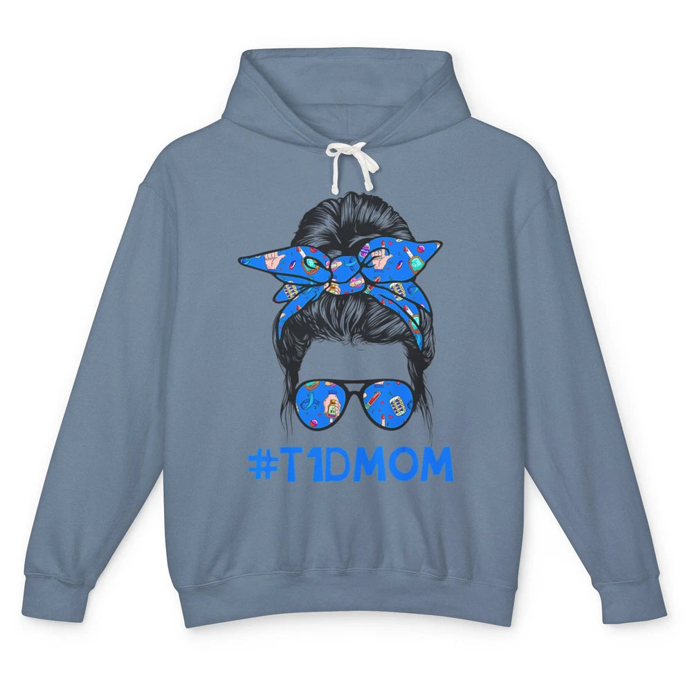 T1D Proud Mom Leopard Messy Bun Warrior Diabetes Awareness Unisex Lightweight Hoodie