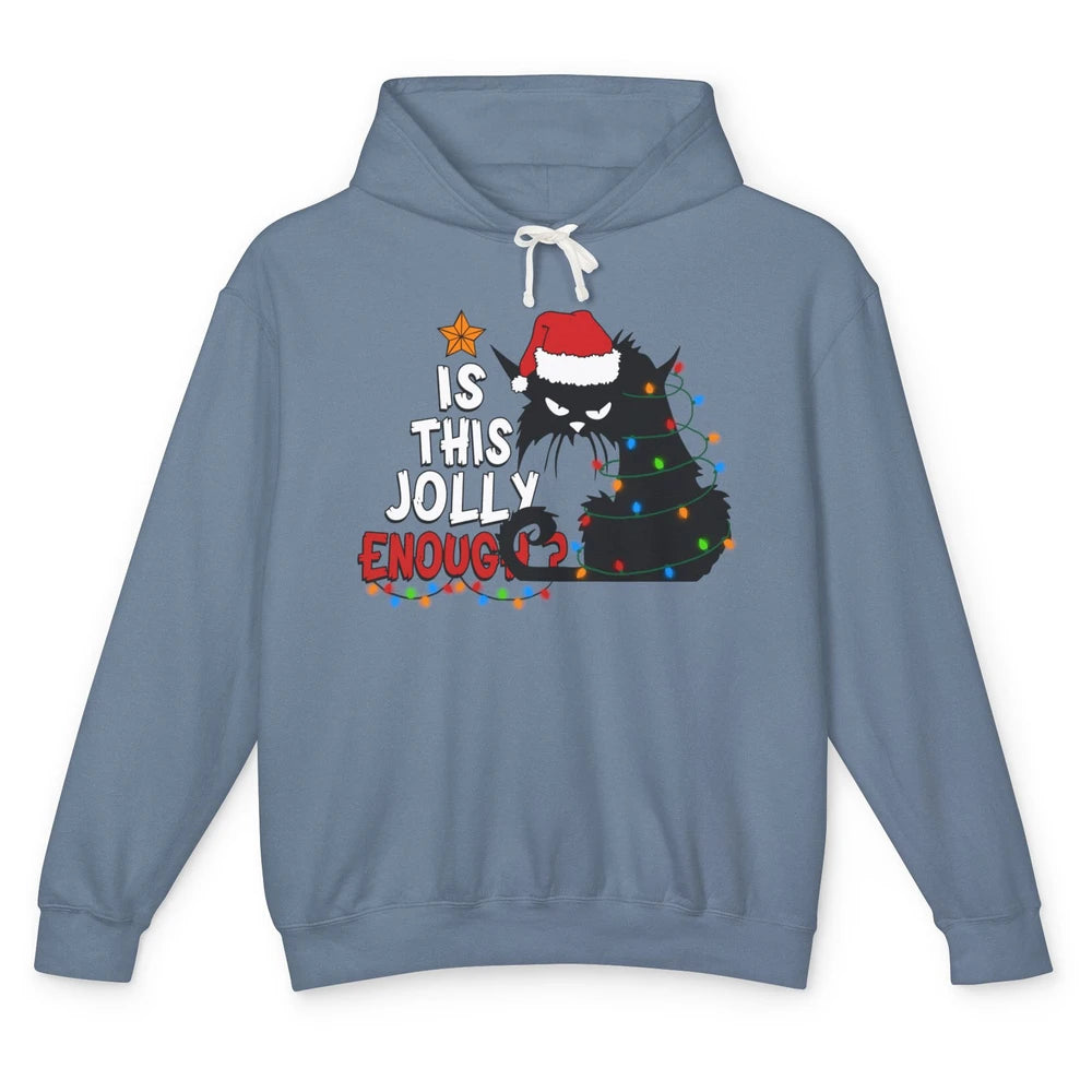 Funny Black Cat Christmas Light Santa This Jolly Enough Gift Unisex Lightweight Hoodie