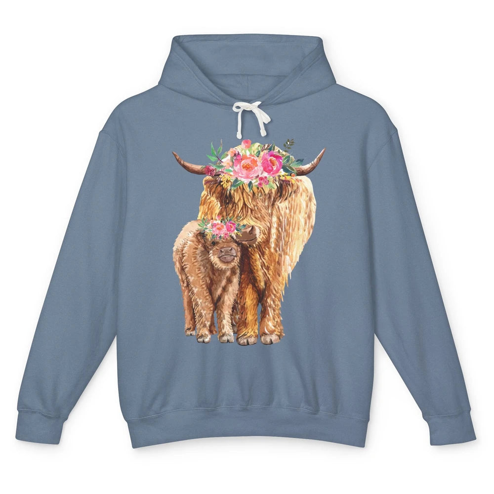 Floral Highland Cow Mom And Baby Western Country Heifer Mom Unisex Lightweight Hoodie