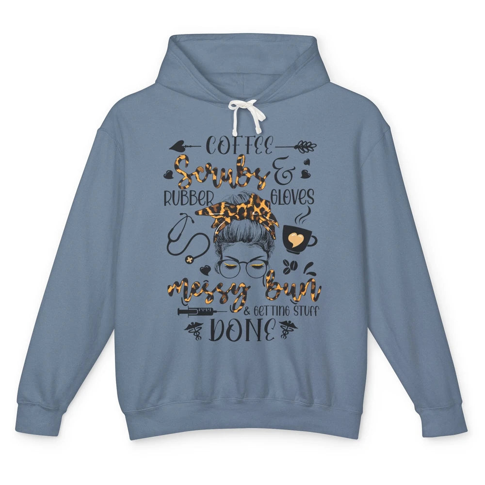 Messy Bun Hair Nurse Life Coffee Scrubs And Gloves Leopard Unisex Lightweight Hoodie