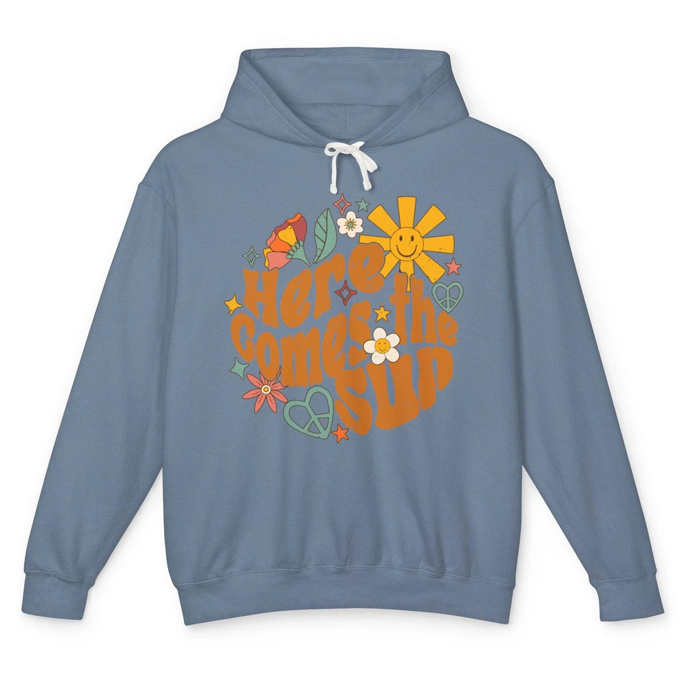 Retro Daisy Rainbow Sunrise Here Comes The Sun Hippie Girl Unisex Lightweight Hoodie