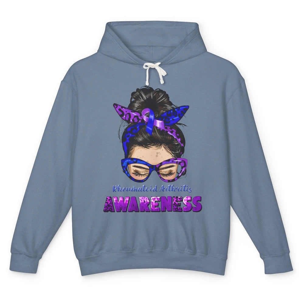 Rheumatoid Arthritis Messy Bun Mom Blue Purple Ribbon Unisex Lightweight Hoodie