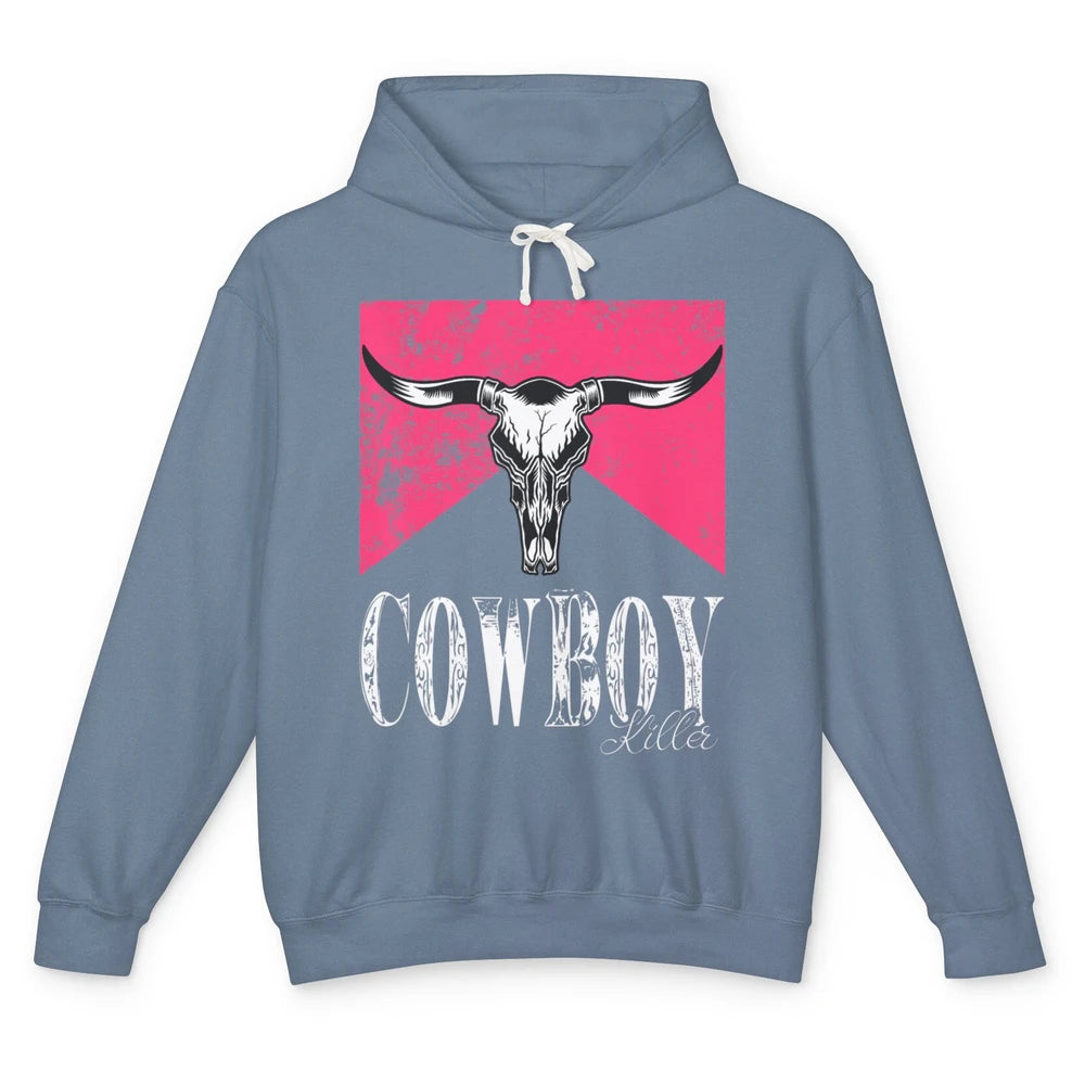 Western Cowboy Bull Skull Pink Southern Country Killer Retro Unisex Lightweight Hoodie