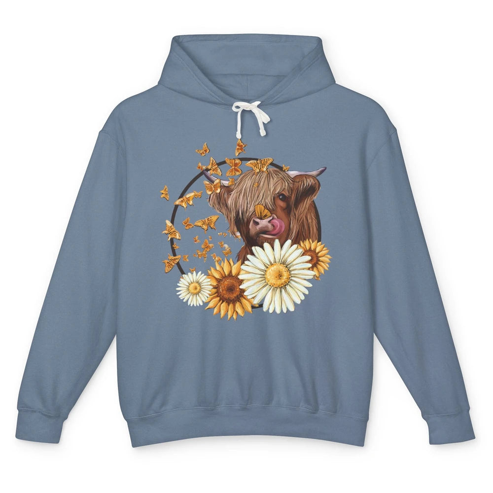 Highland Cow Sunflowers And Daisies Cow Flower Farm Country Unisex Lightweight Hoodie