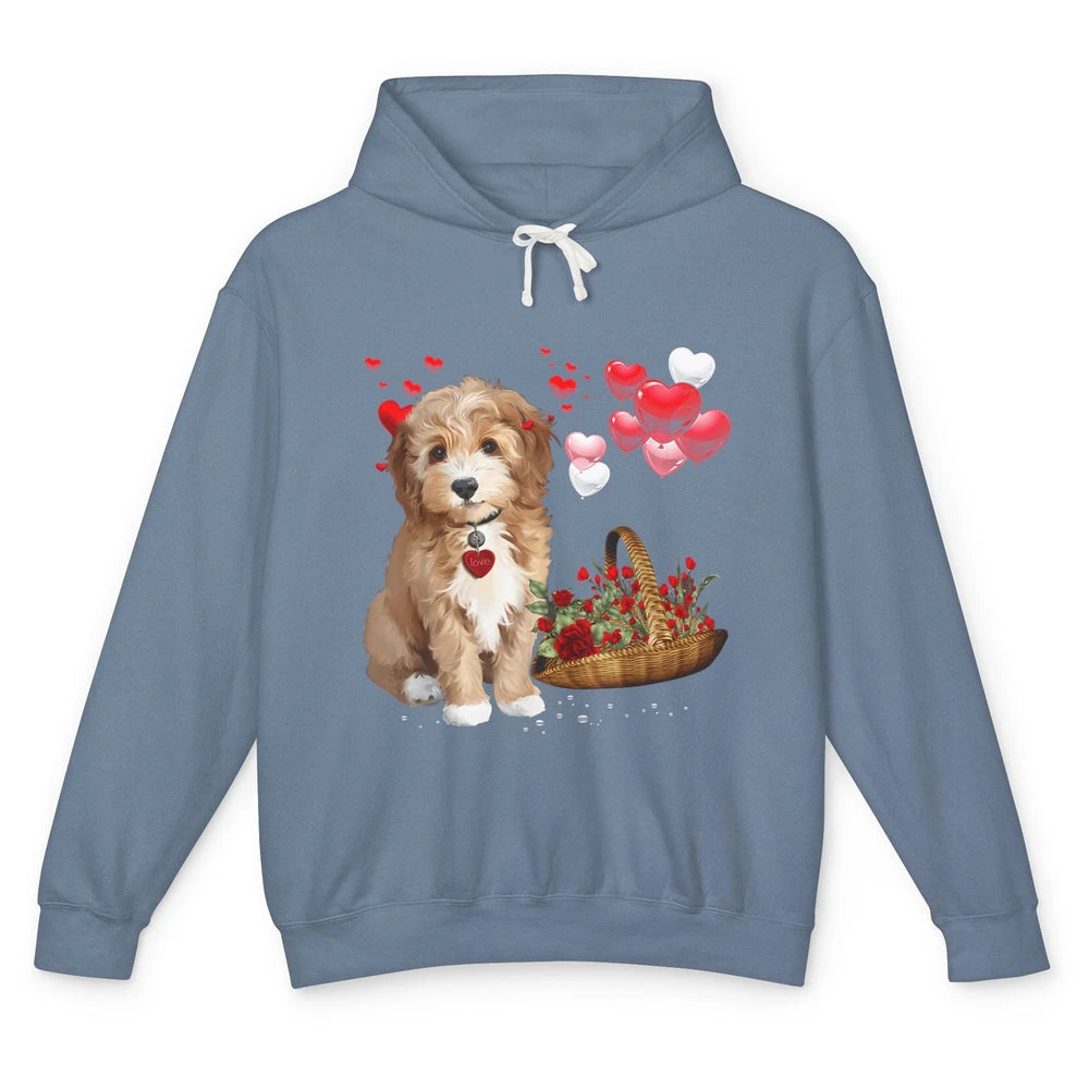 Valentine Goldendoodle Dog Valentine's Day Red Heart Couple Unisex Lightweight Hoodie