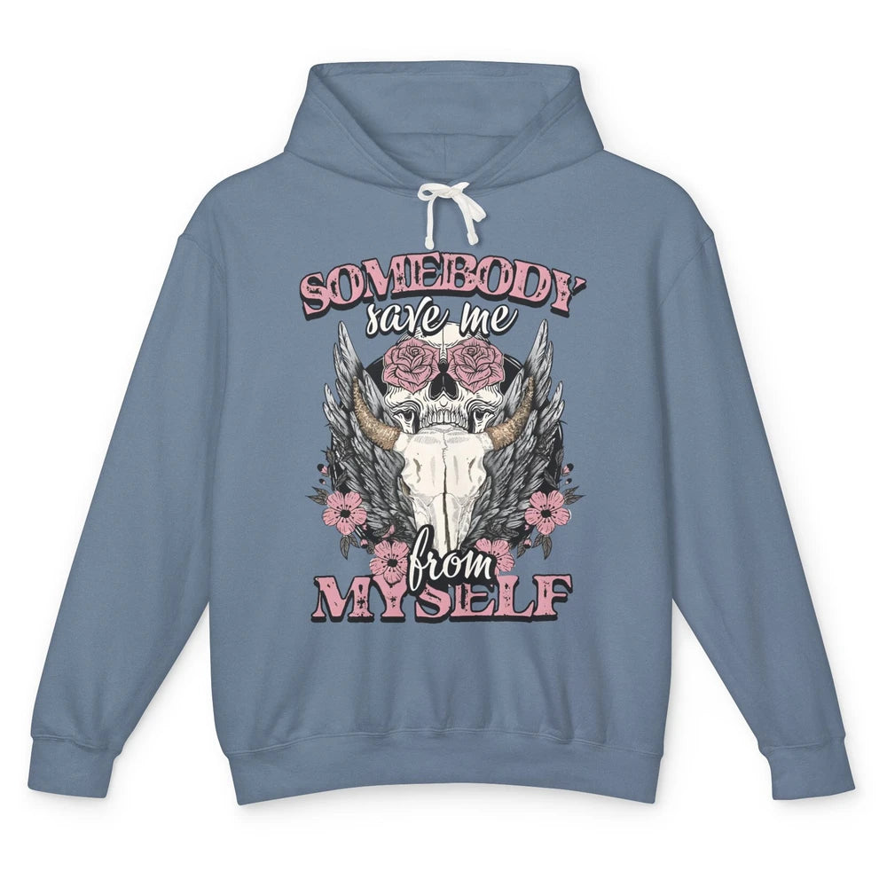 Retro Floral Bull Skull Somebody Save Me From Myself Western Unisex Lightweight Hoodie