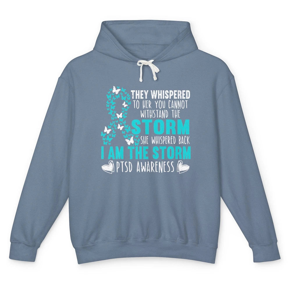 Teal Ribbon Butterfly The Storm Warrior PTSD Awareness Month Unisex Lightweight Hoodie