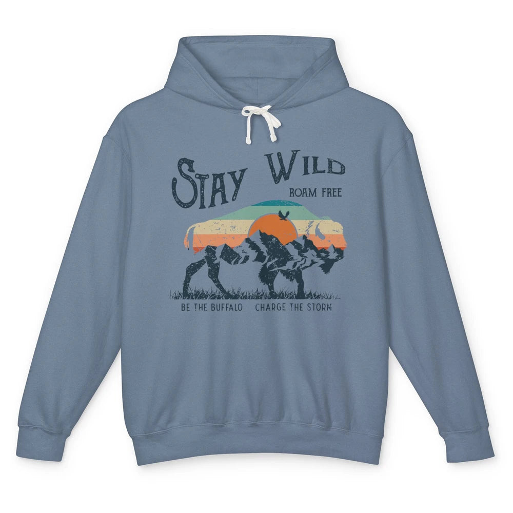 Retro Buffalo Mountain Sunset Stay Wild Roam Free Western Unisex Lightweight Hoodie