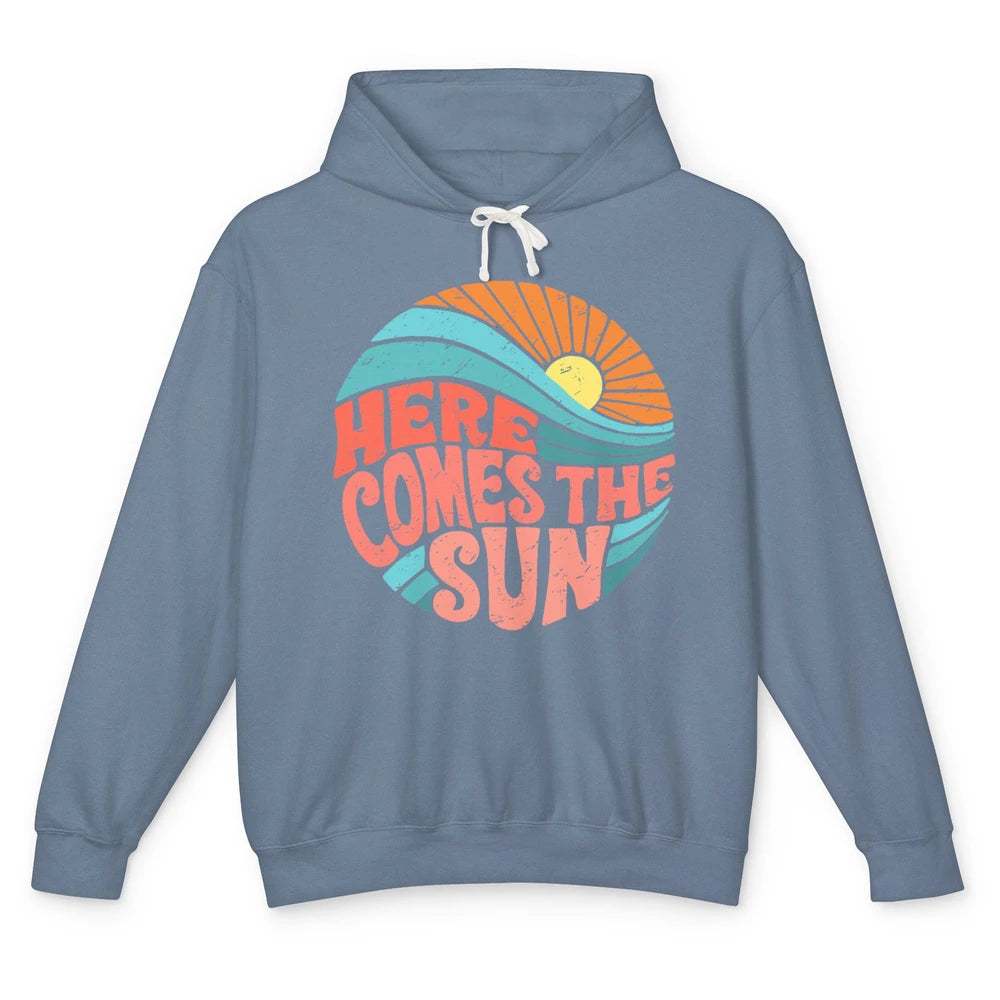 Retro Rainbow Sunrise Here Comes The Sun Hippie Girl Unisex Lightweight Hoodie