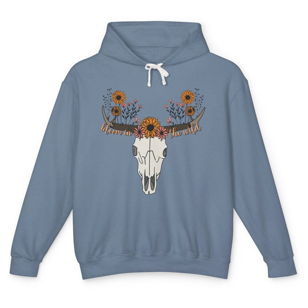 Cow Skull Bloom In The Wild Western Bull Skull Wildfloral Unisex Lightweight Hoodie