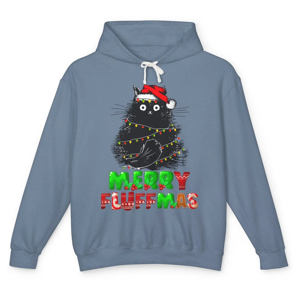 Merry Christmas Catmas Santa Hat Black Cat Xmas Lights Tree Unisex Lightweight Hoodie