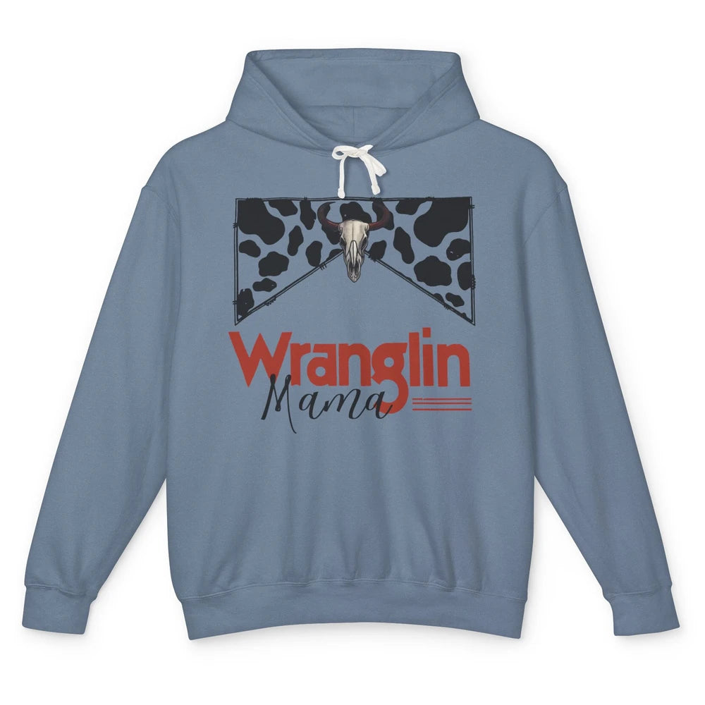 Retro Cowhide Bull Skull Wrangling Mama Western Country Girl Unisex Lightweight Hoodie